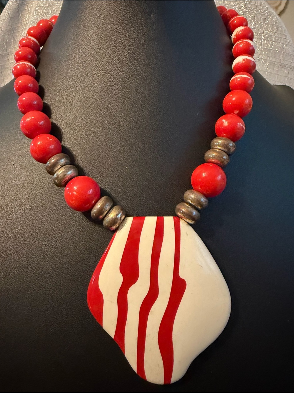 Red and White Statement Pendant Necklace
